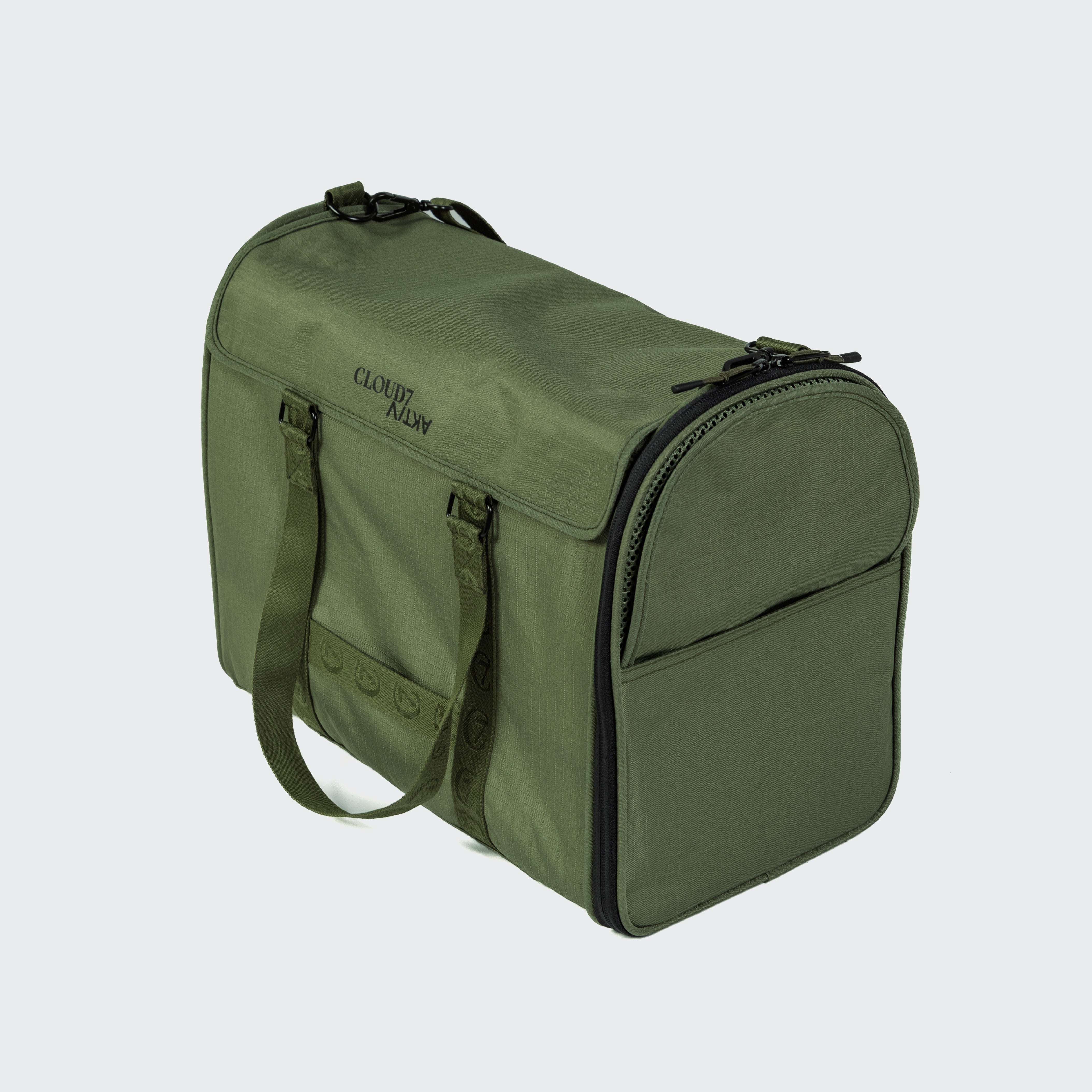 The Cloud7 AKTIV dog flight carrier bag in Olive, displaying its sturdy, airline-approved silhouette for premium pet travel.