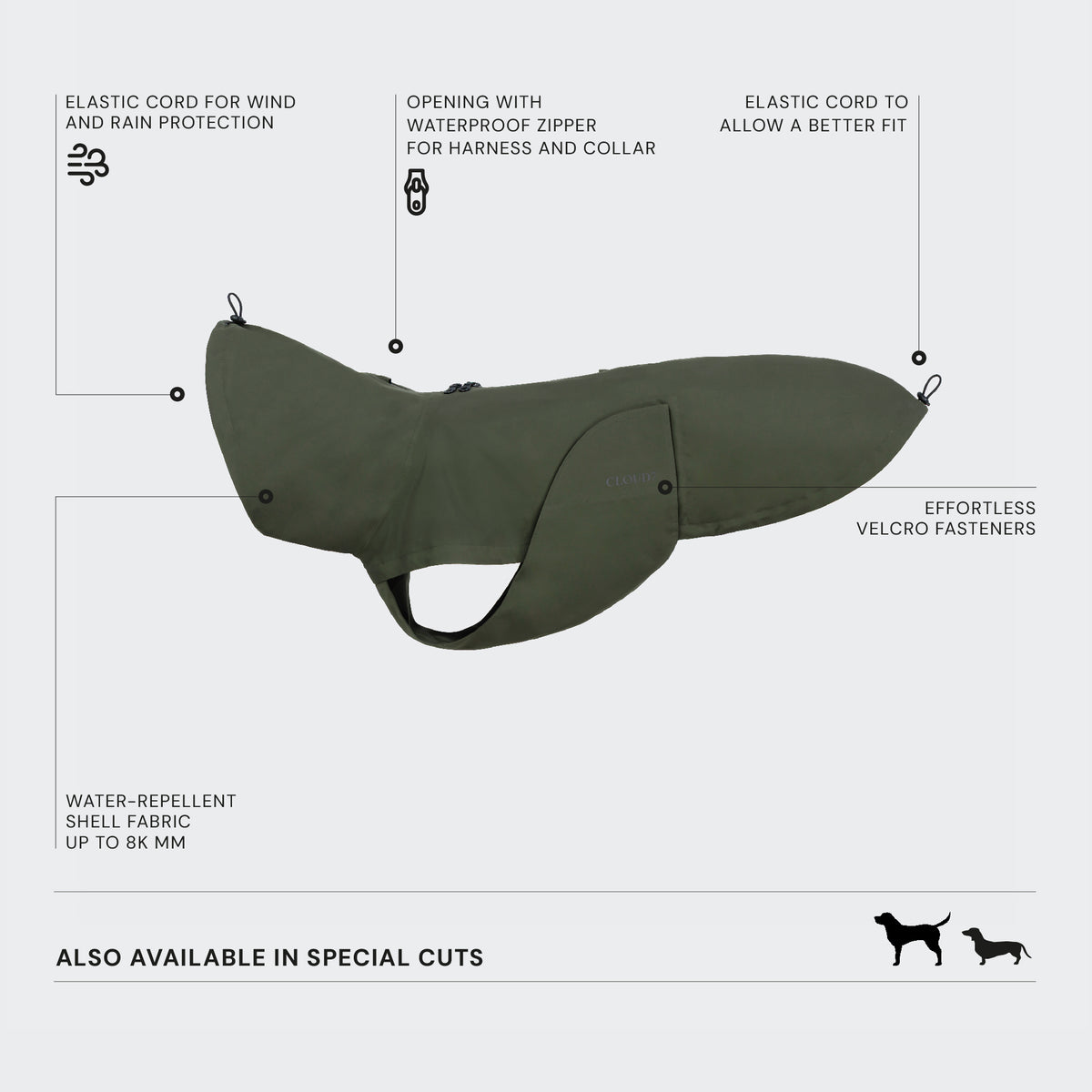 Minimalist dark olive dog rain jacket from the Cloud7 Dublin 2.0 eco-friendly pet outerwear collection.