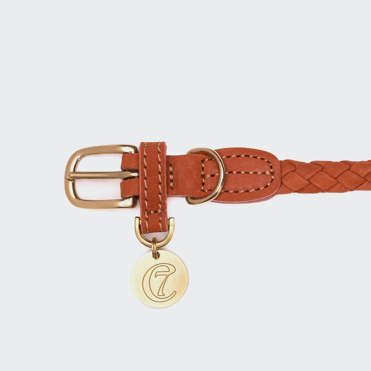 Cloud7 Ravello rust braided leather dog collar with solid brass hardware, showcasing the round nubuck weave design.