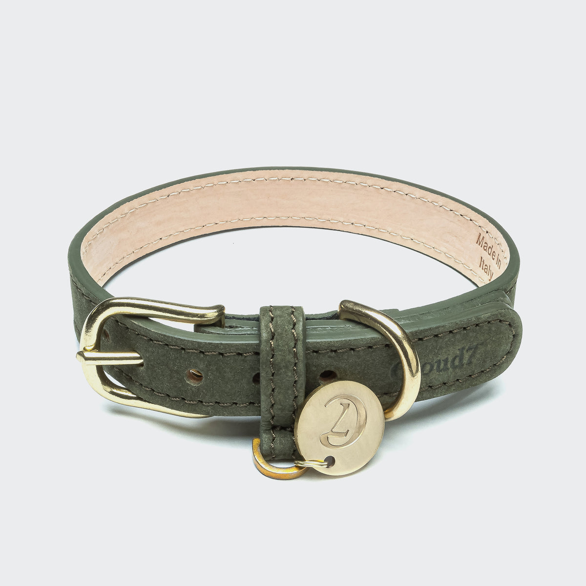 Cloud7 Tiergarten minimalist nubuck leather dog collar in forest green with brass buckle.