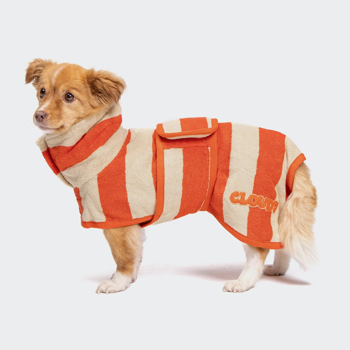 Cloud7 Wannsee dog bathrobe in a beige and orange striped pattern made from absorbent organic cotton terry cloth.