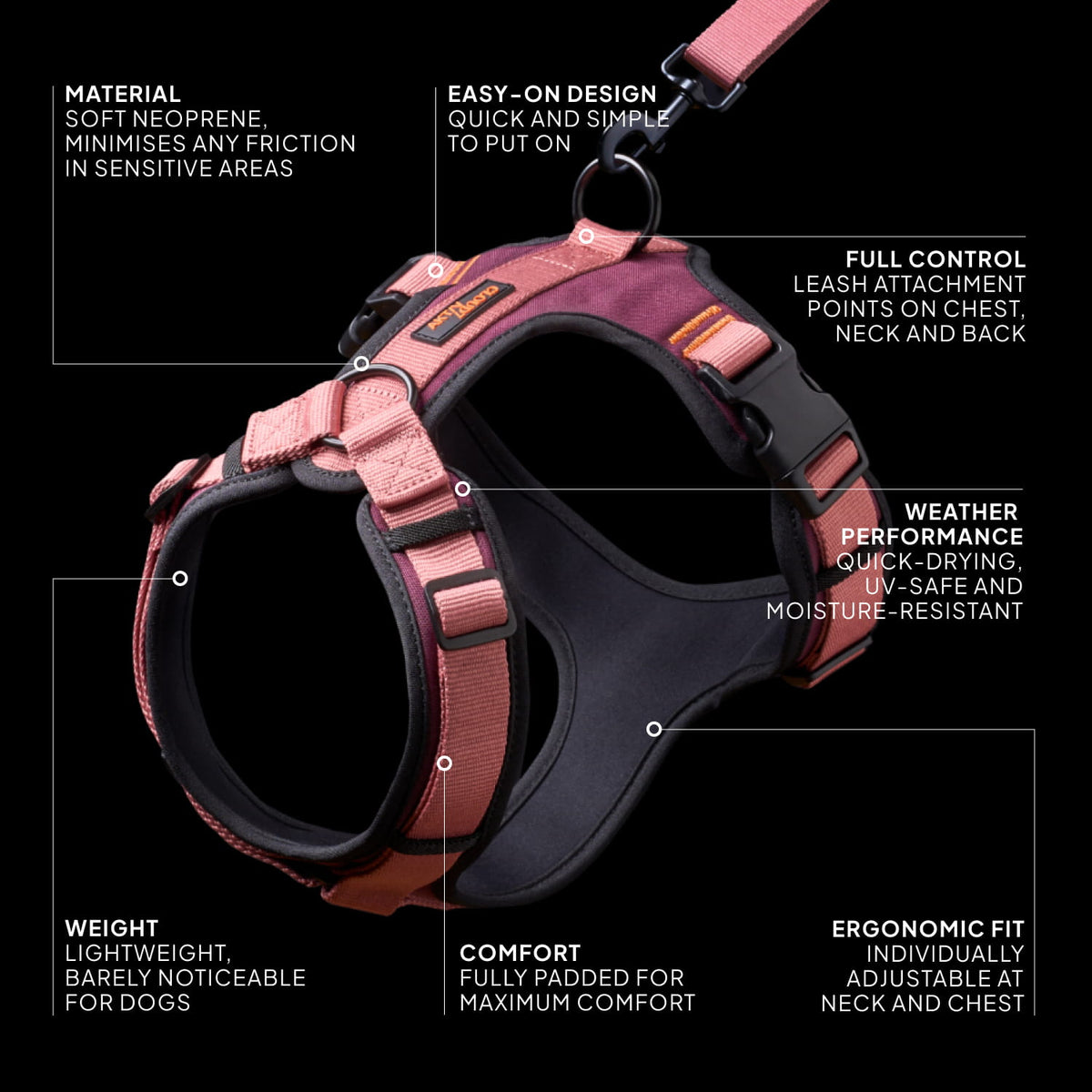 Cloud7 Y-3 Softshell ergonomic weather proof sports dog harness with friction free soft lining for sensitive skin