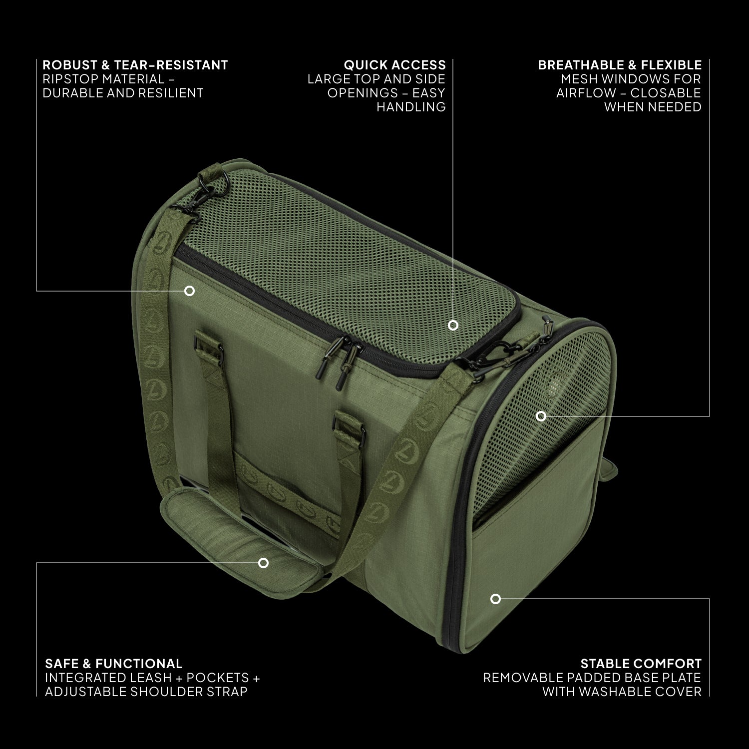 The Cloud7 AKTIV dog flight carrier bag in Olive, displaying its sturdy, airline-approved silhouette for premium pet travel.