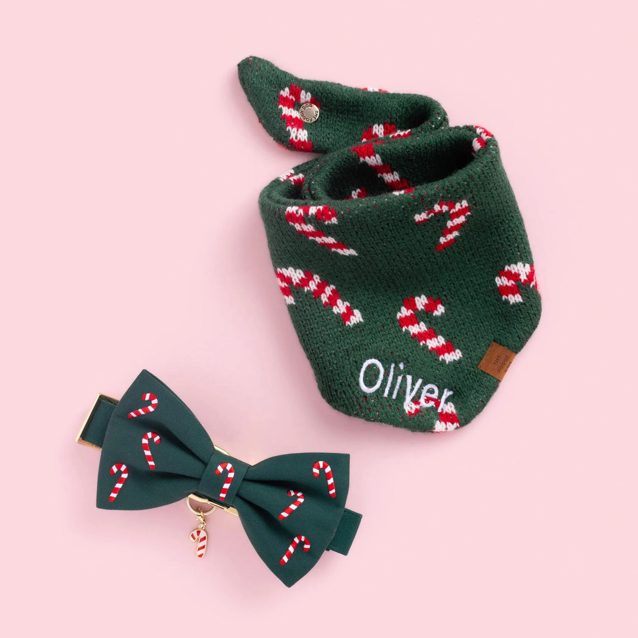 Dog and Cat Embroidered Bowtie: Evergreen Candy Canes