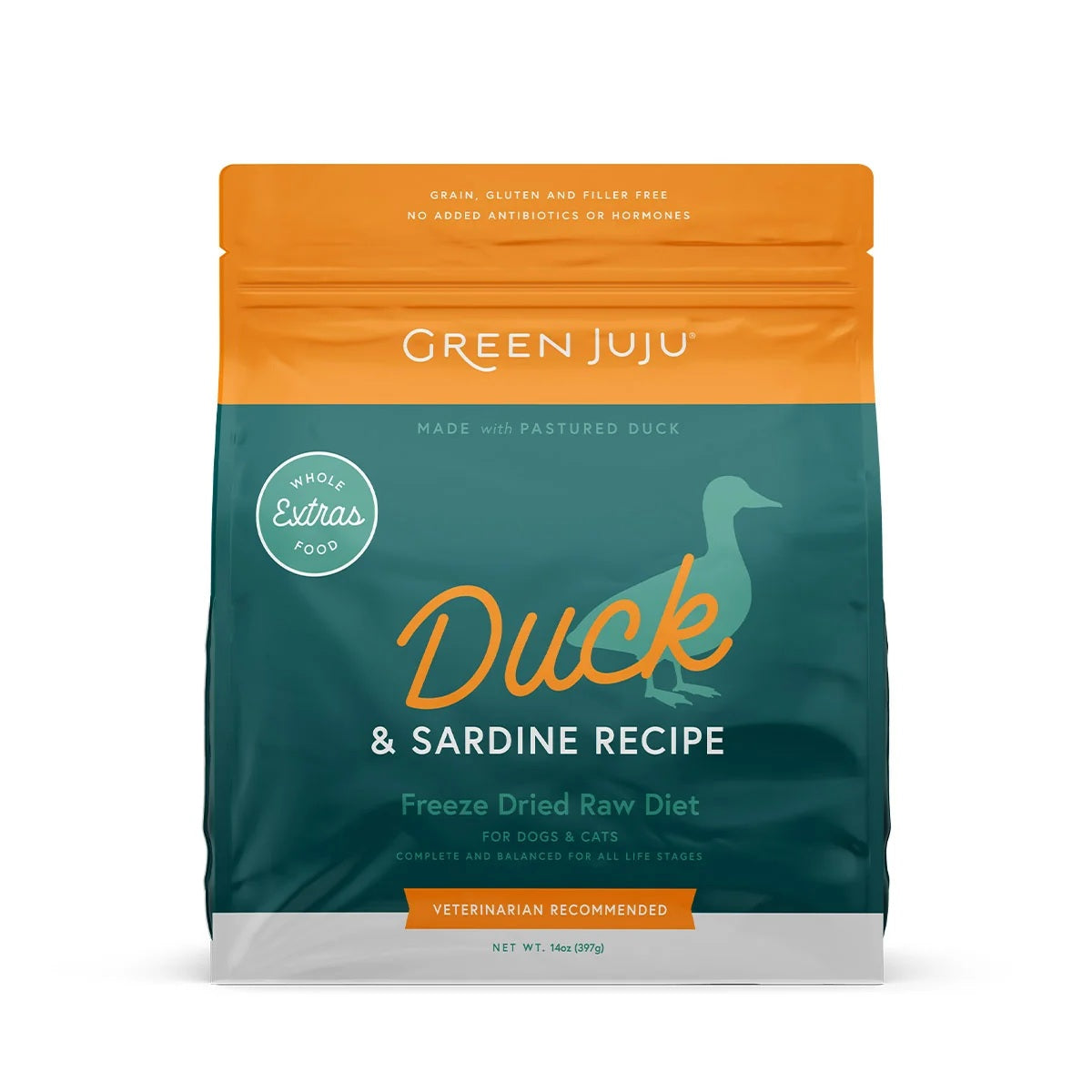 Green Juju Premium freeze-dried duck and sardine food bag for dogs and cats needing a cooling diet.