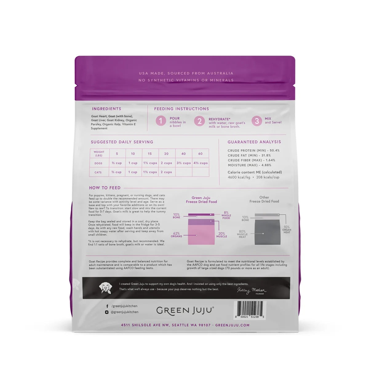 Green Juju premium freeze dried raw goat food bag for dogs and cats with food sensitivities.