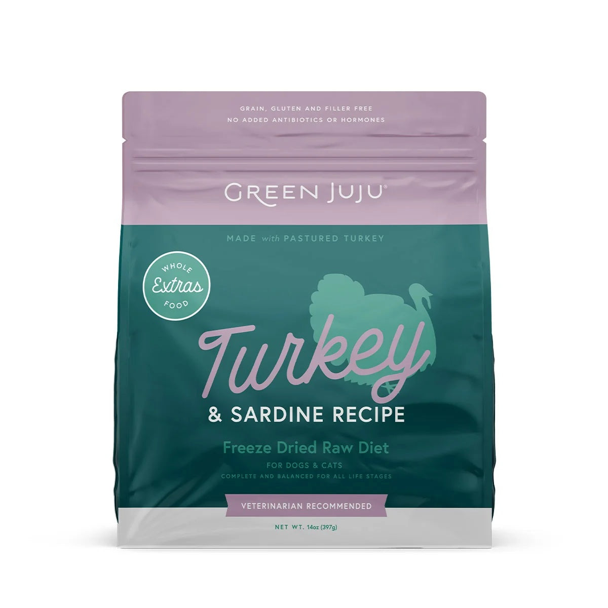 Green Juju complete and balanced freeze-dried raw turkey and sardine pet food nuggets rich in micronutrients.