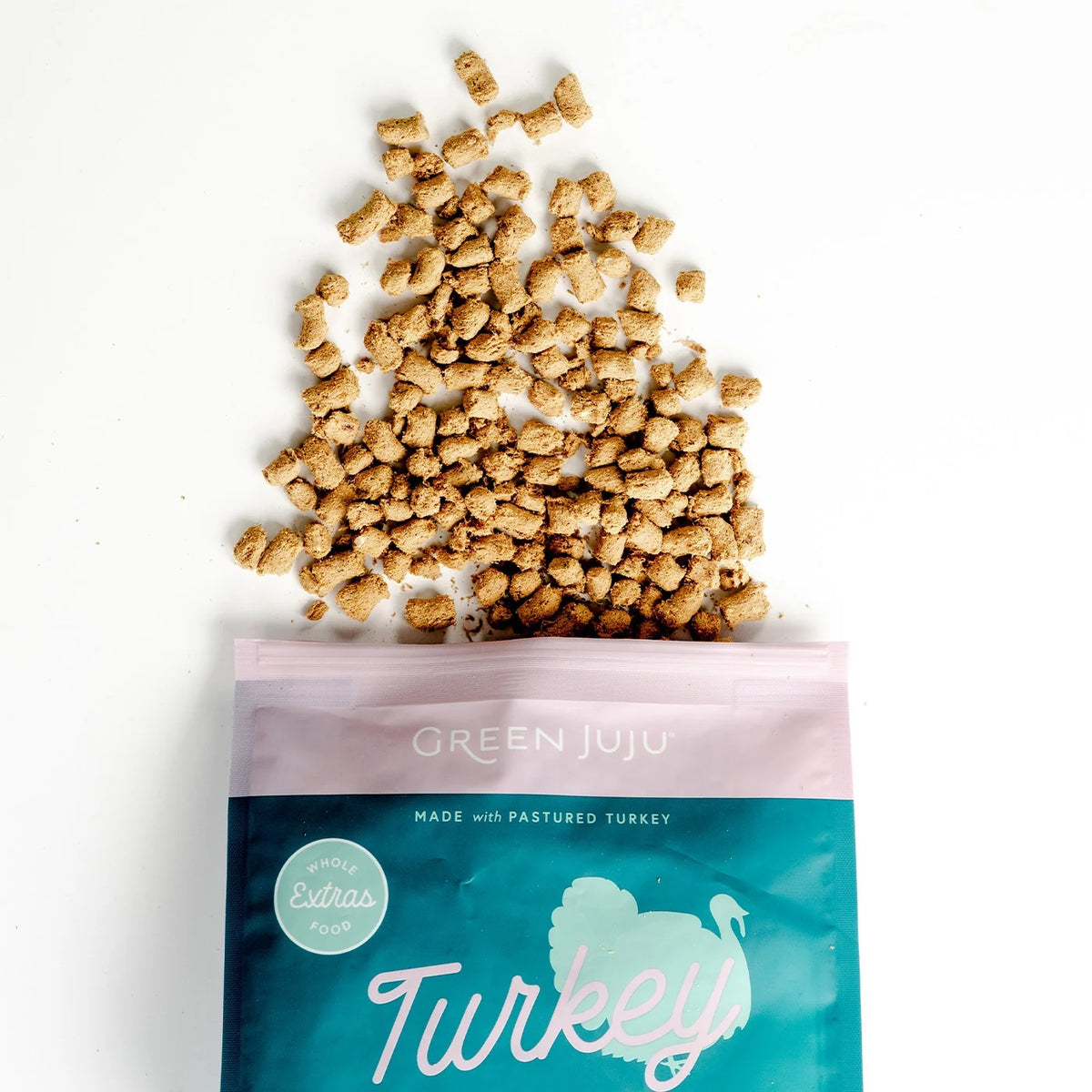 Green Juju complete and balanced freeze-dried raw turkey and sardine pet food nuggets rich in micronutrients.