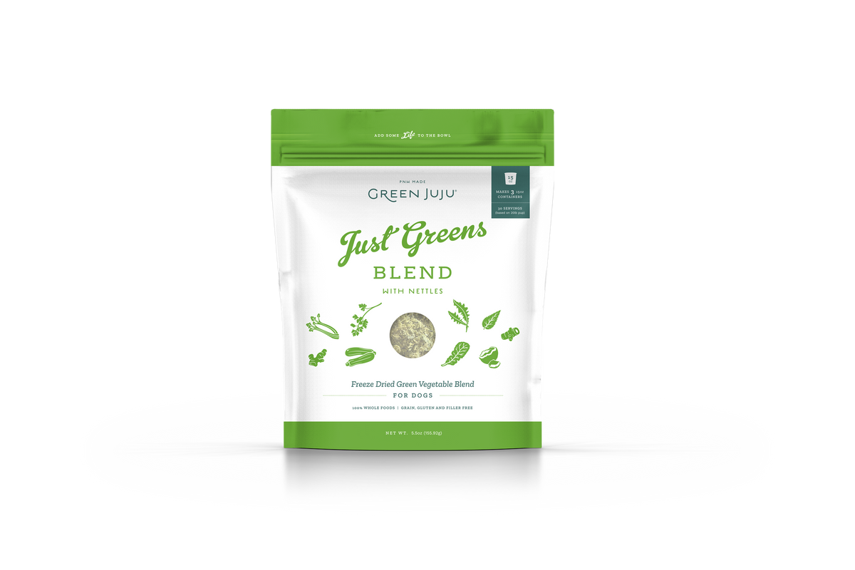 Green Juju shelf-stable freeze-dried green pet food topper pouch, a holistic gut health and constipation supplement for cats and dogs.