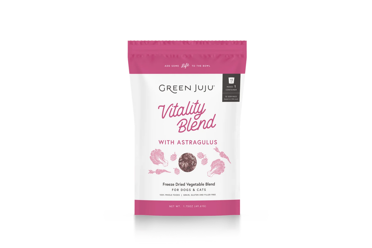 Green Juju purple veggie vitality pet food topper pouch, an adaptogenic gut health and anti-inflammatory supplement for sensitive dogs and cats.