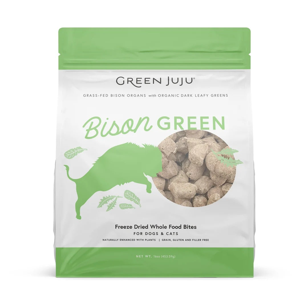 Green Juju Freeze Dried Bison Green Bites antioxidant rich dandelion greens and bison meat treats for pet gut health