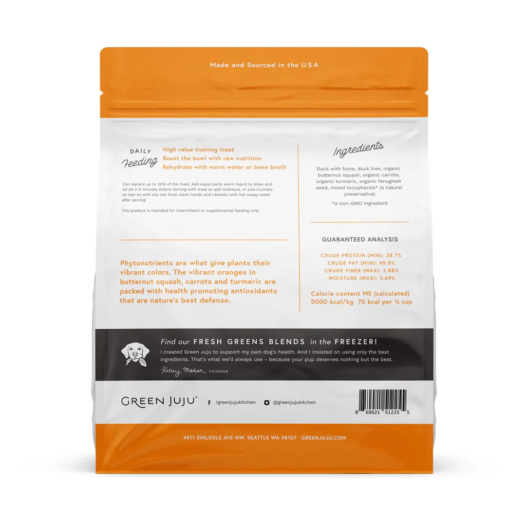 Green Juju Freeze Dried Duck Orange Bites anti inflammatory turmeric and squash duck topper for dog and cat joint mobility