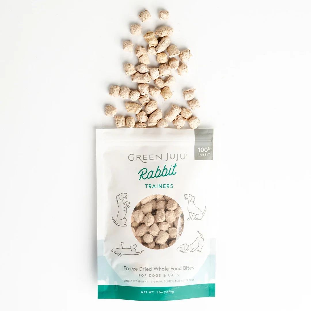 Green Juju freeze-dried rabbit trainers for sensitive tummies, single-ingredient low-calorie novel protein pet treats for dogs and cats