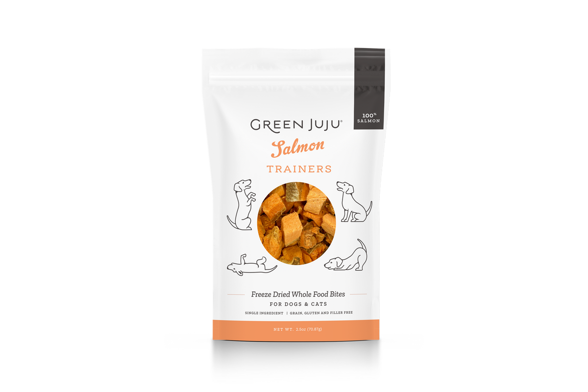 Green Juju freeze-dried salmon trainers for skin and coat health, wild-caught omega-3 single-ingredient fish treats for dogs and cats