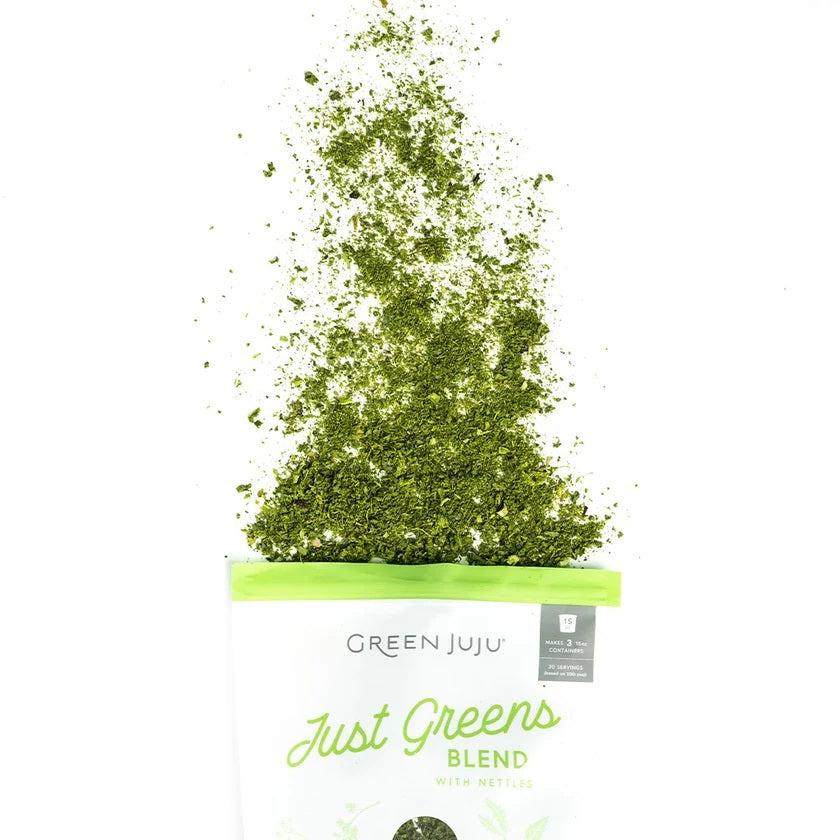 Green Juju shelf-stable freeze-dried green pet food topper pouch, a holistic gut health and constipation supplement for cats and dogs.