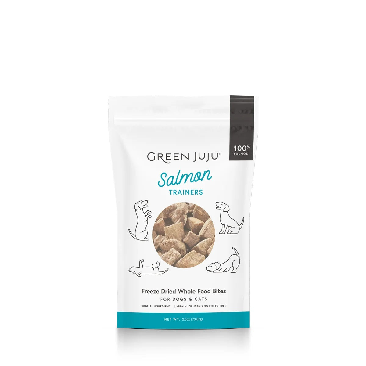 Green Juju freeze-dried salmon trainers for skin and coat health, wild-caught omega-3 single-ingredient fish treats for dogs and cats