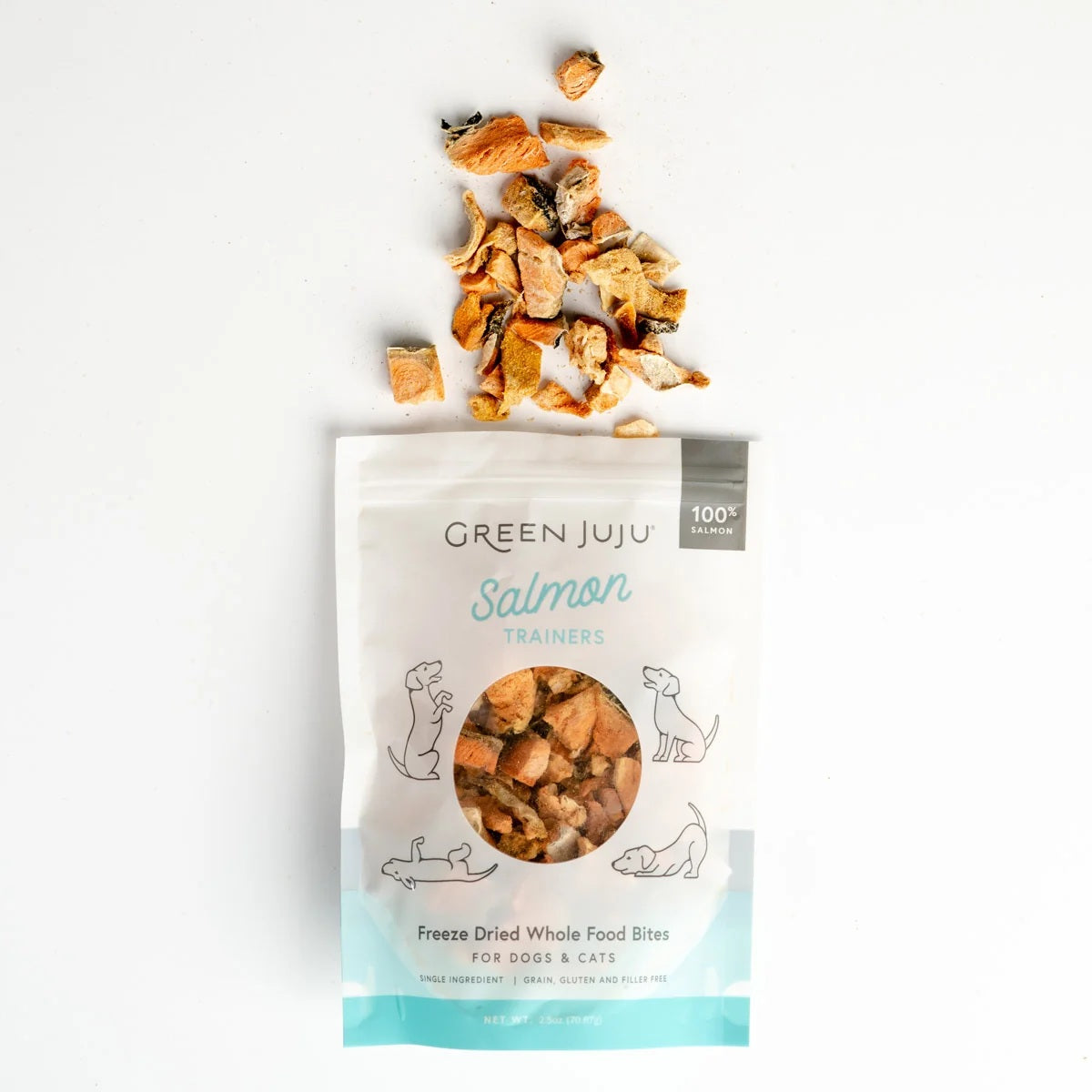 Green Juju freeze-dried salmon trainers for skin and coat health, wild-caught omega-3 single-ingredient fish treats for dogs and cats