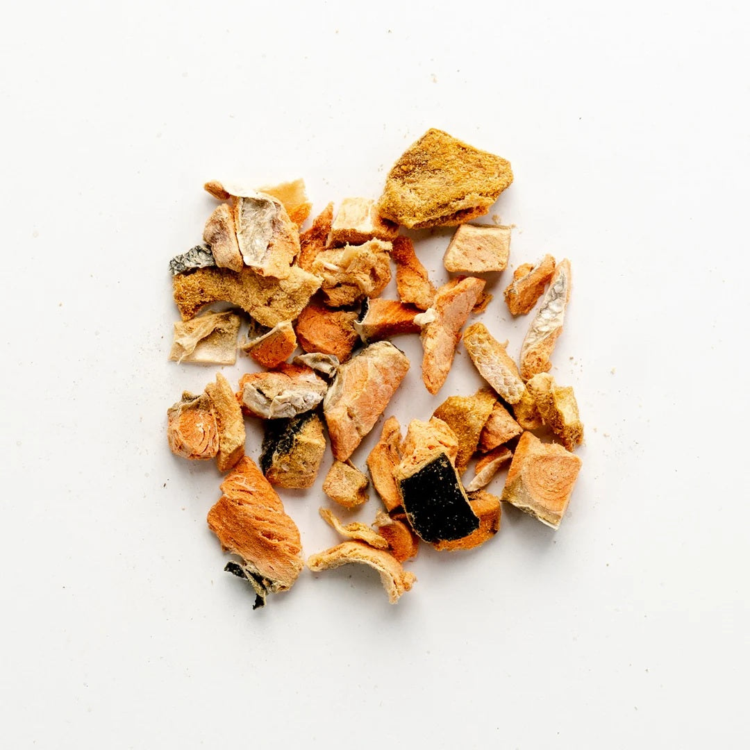 Green Juju freeze-dried salmon trainers for skin and coat health, wild-caught omega-3 single-ingredient fish treats for dogs and cats