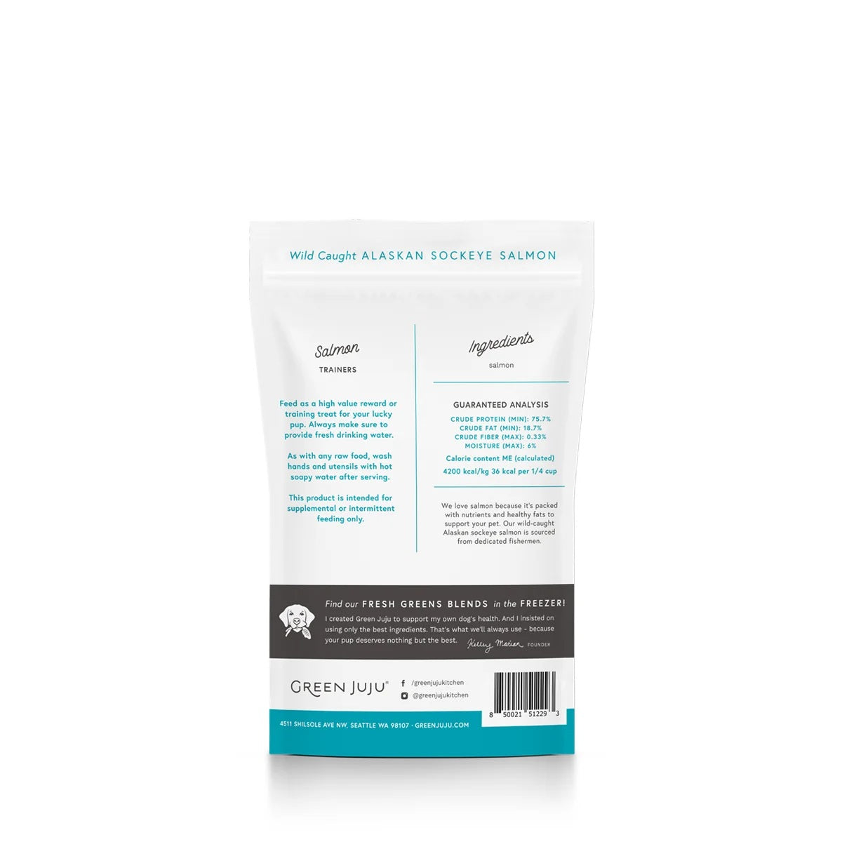 Green Juju freeze-dried salmon trainers for skin and coat health, wild-caught omega-3 single-ingredient fish treats for dogs and cats