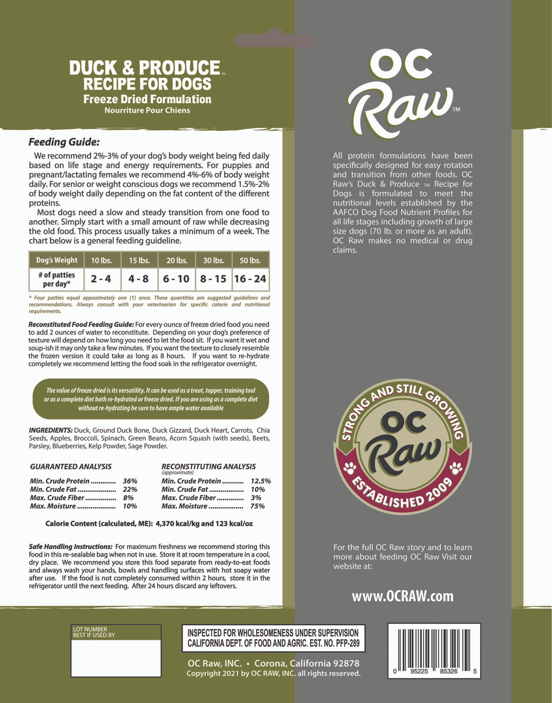 OC Raw Dog Food Freeze Dried Raw Duck & Produce Sliders 14oz