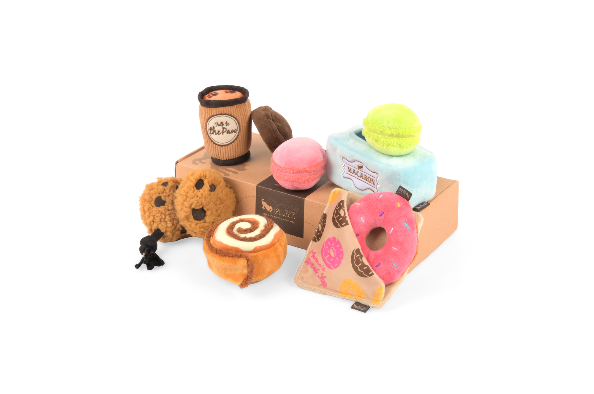 [Pre-Order] P.L.A.Y. Pup Cup Cafe Squeaky Plush Dog toys, Mutt-a-rons (mini sized)