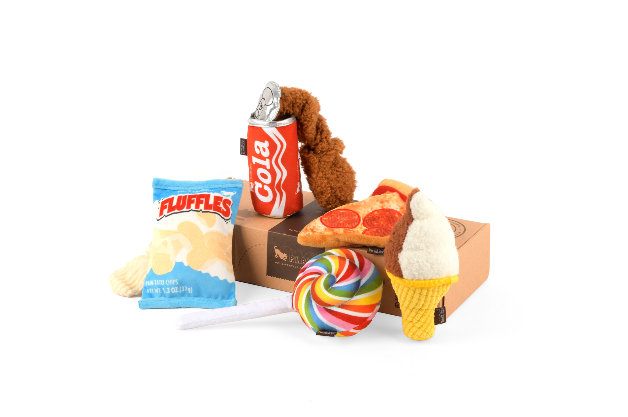[Pre-Order] P.L.A.Y. Snack Attack Squeaky Plush Dog toys, Good Boy Cola (mini sized)