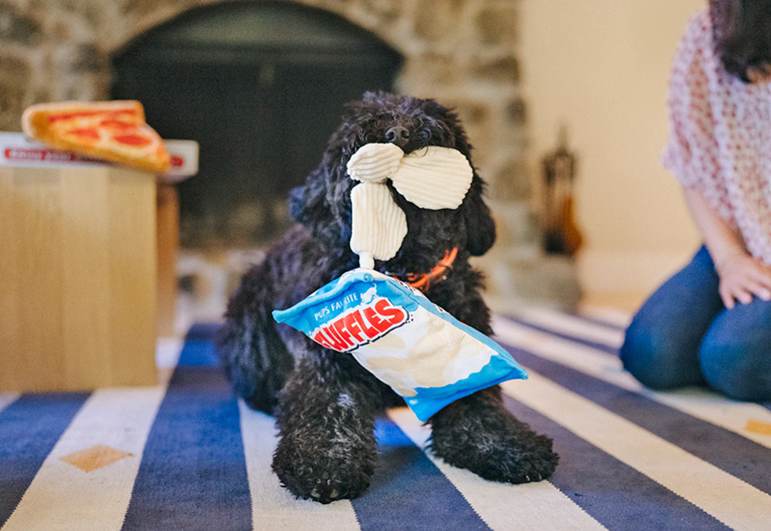 [Pre-Order] P.L.A.Y. Snack Attack Squeaky Plush Dog toys, Fluffles Chips (mini sized)