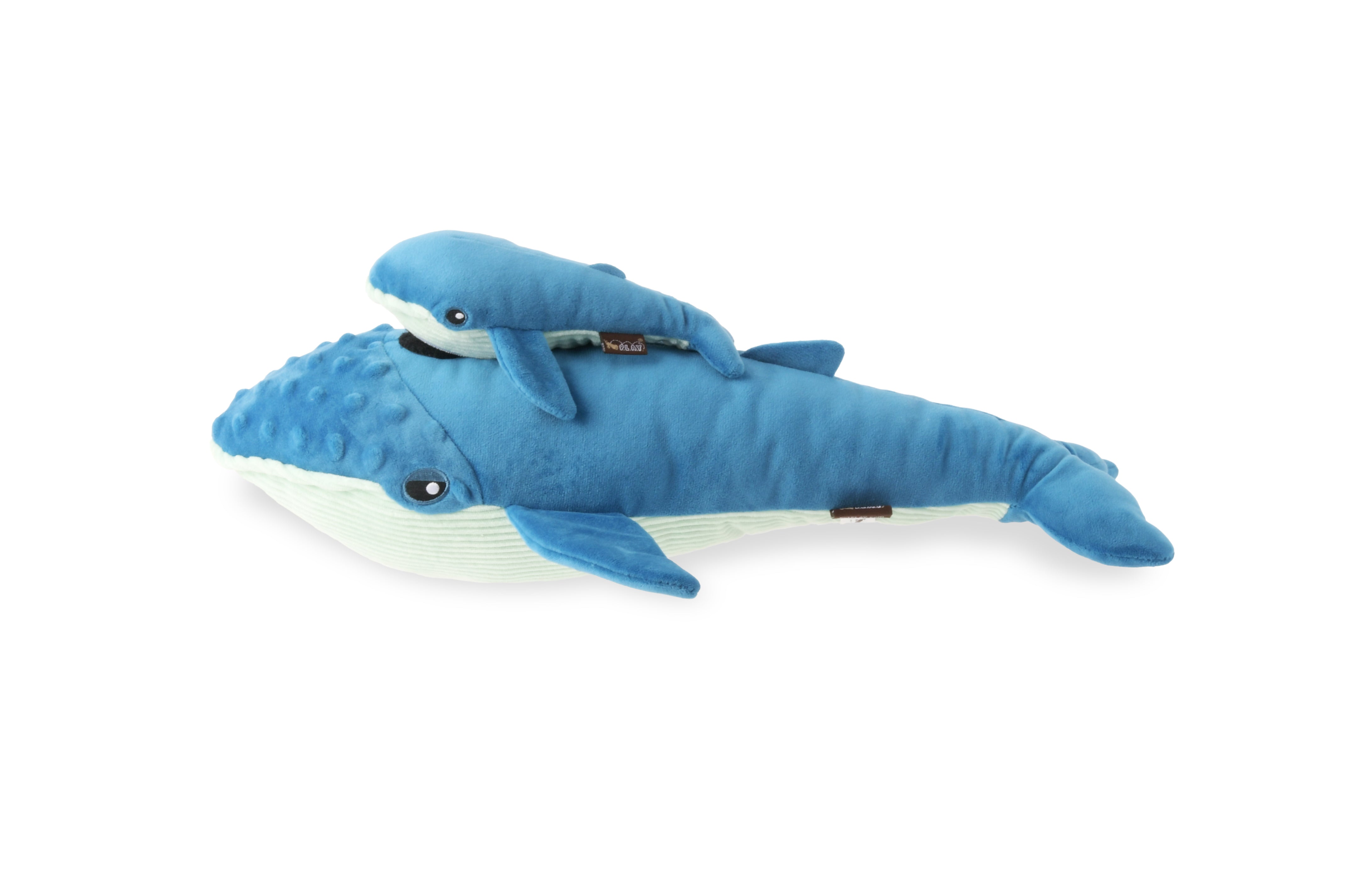 P.L.A.Y. Ocean Buddies Big Blue and Baby Blue whale interactive squeaky plush dog toy duo in blue fabric.