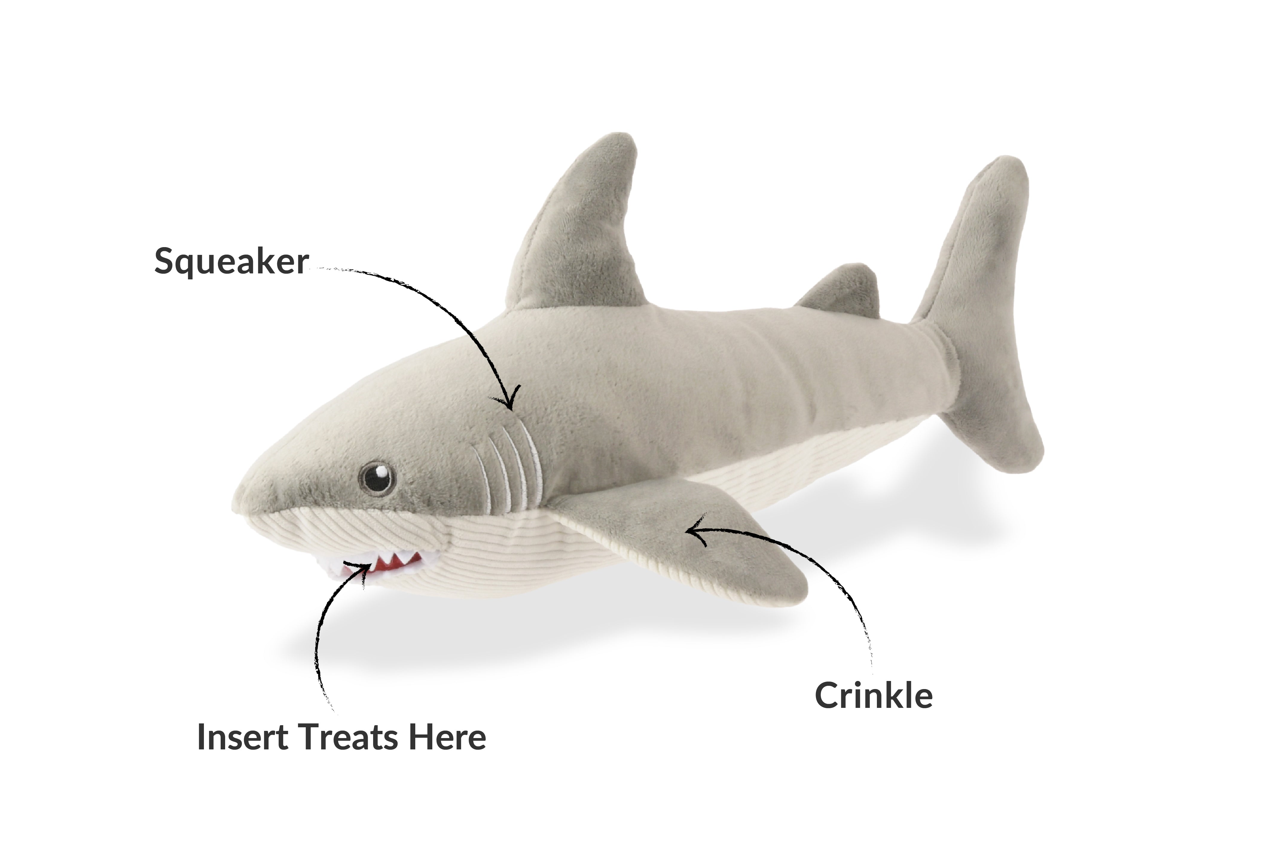 P.L.A.Y. Ocean Buddies Great White Gabe shark interactive squeaky plush dog toy with hidden treat pocket