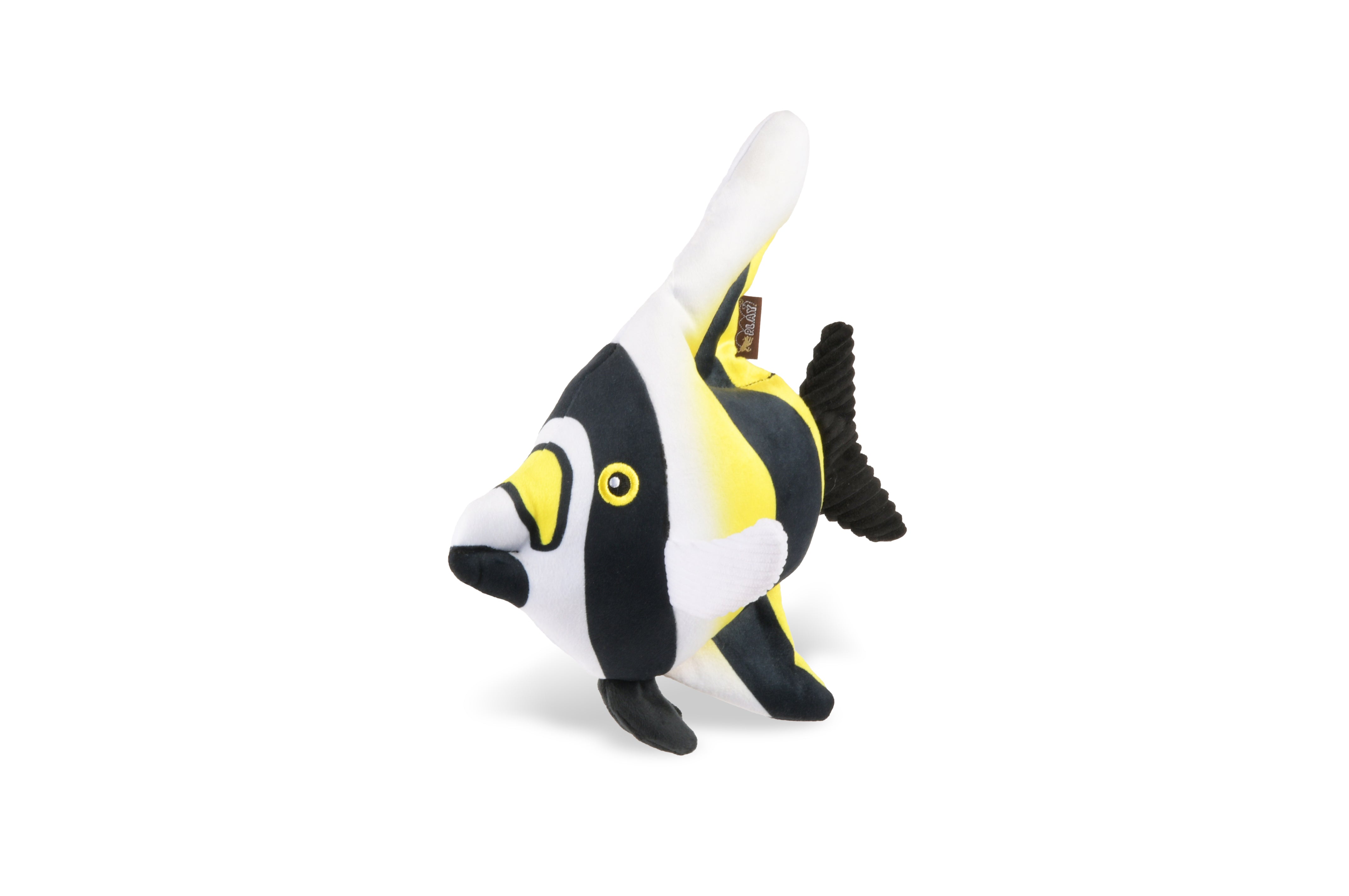 P.L.A.Y. Ocean Buddies Moorish Idol colourful tropical fish interactive squeaky plush dog toy with yellow, black, and white stripes.