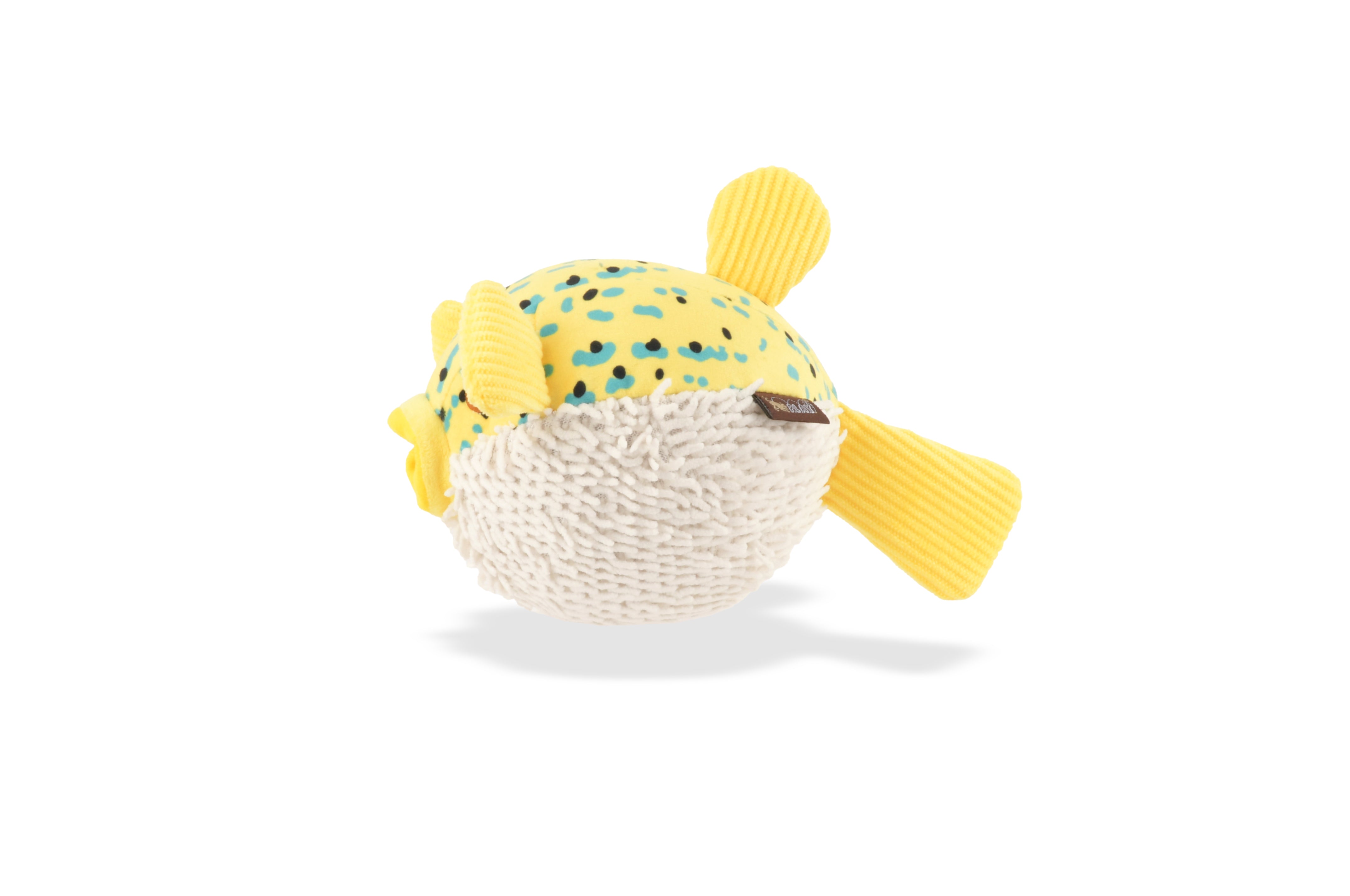 P.L.A.Y. Ocean Buddies Puffer Fish interactive squeaky plush dog toy in a round, spiky-textured design.