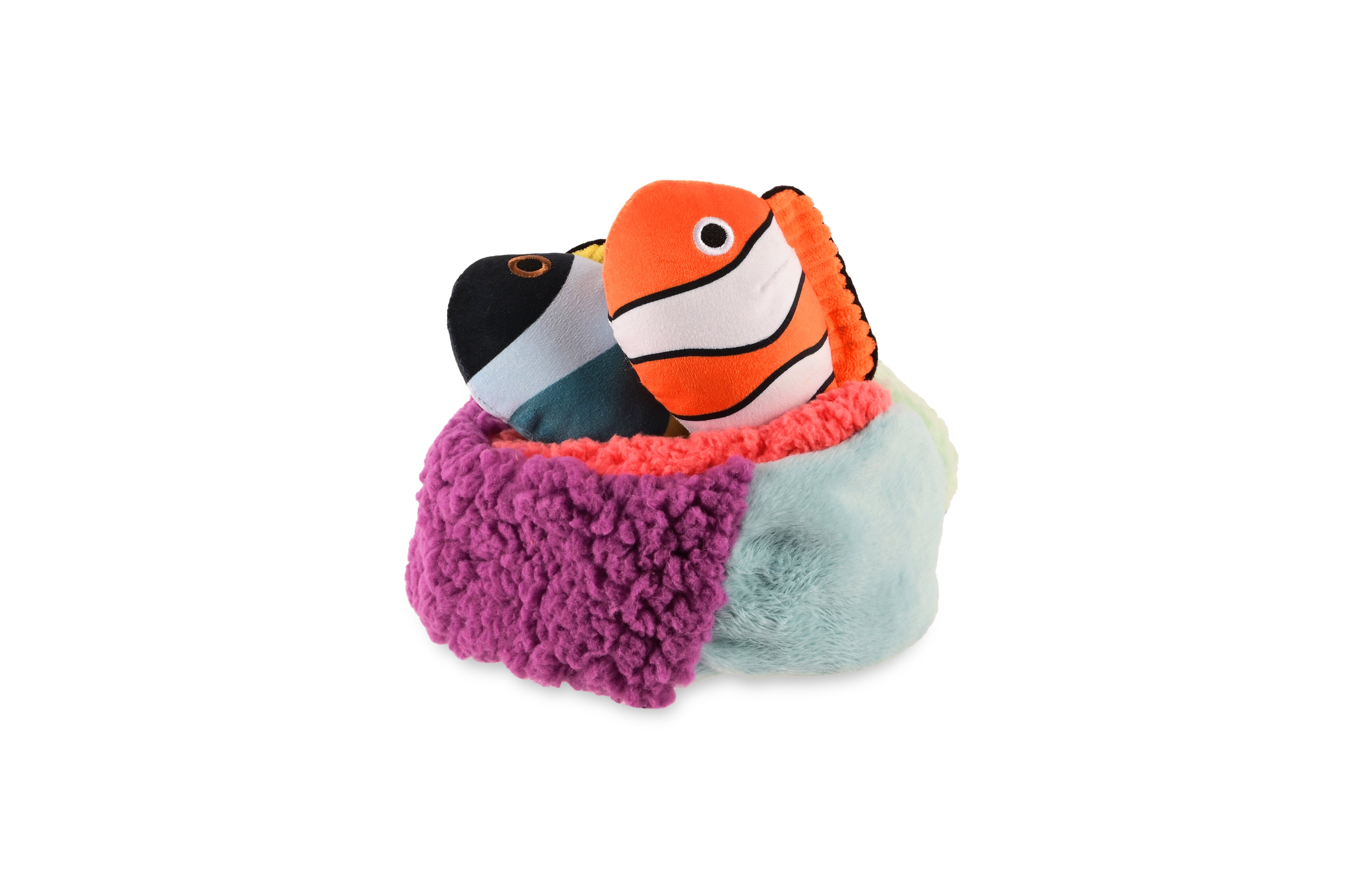 P.L.A.Y. Ocean Buddies Reef Retreat colourful coral reef interactive plush dog toy with two small squeaky fish.