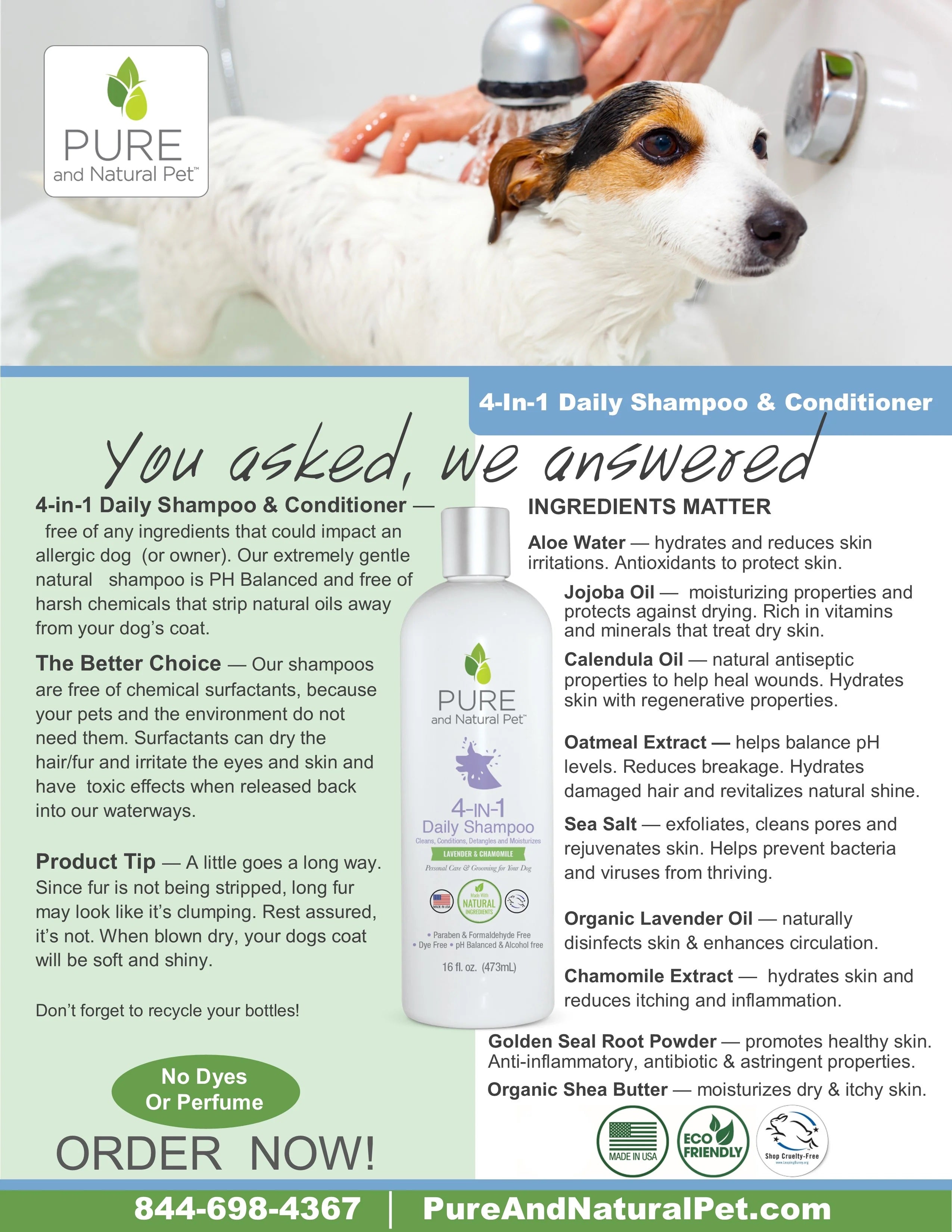 Pure and Natural Dog Shampoo + Conditioner: Daily 4-in-1