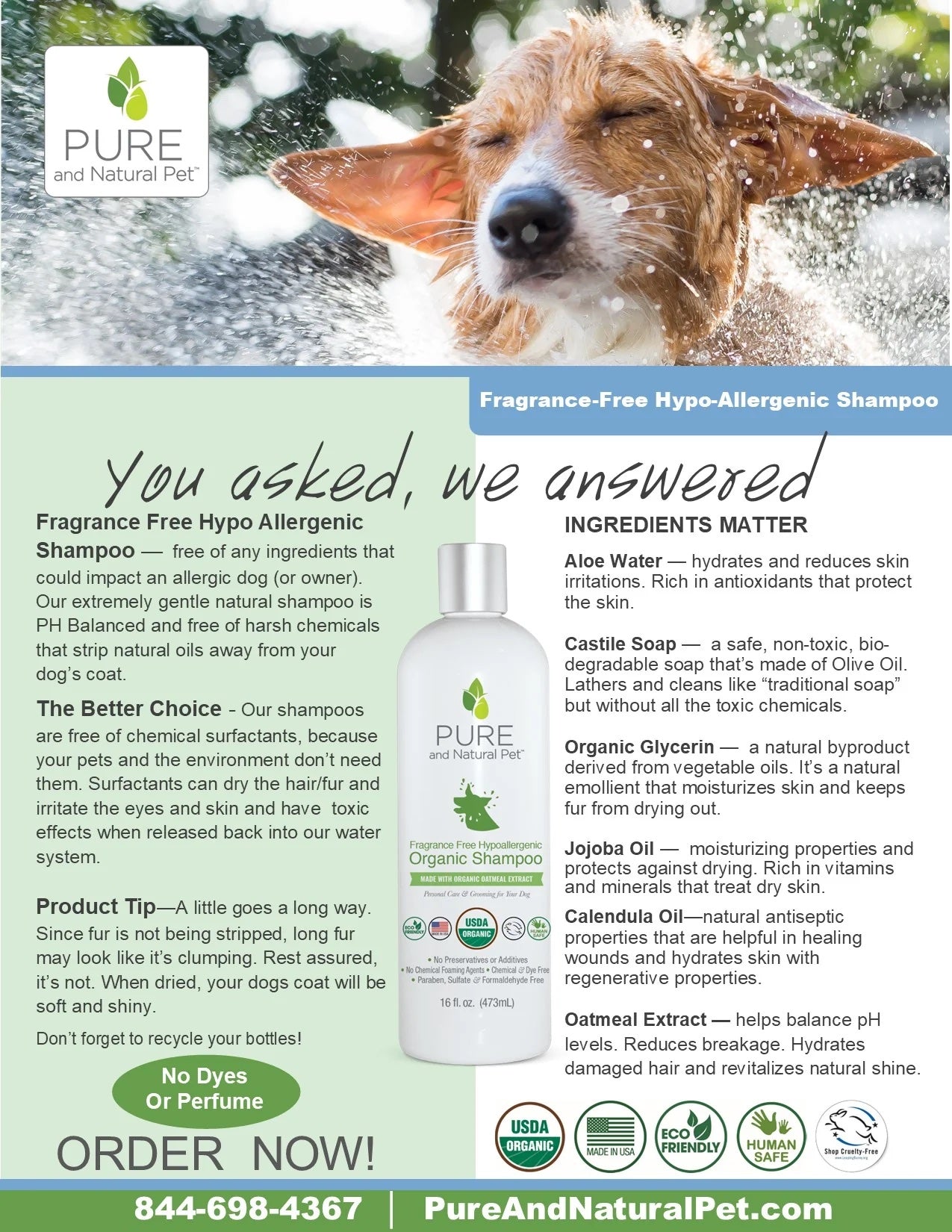 Pure and Natural Organic Dog Shampoo: Fragrance Free Hypoallergenic