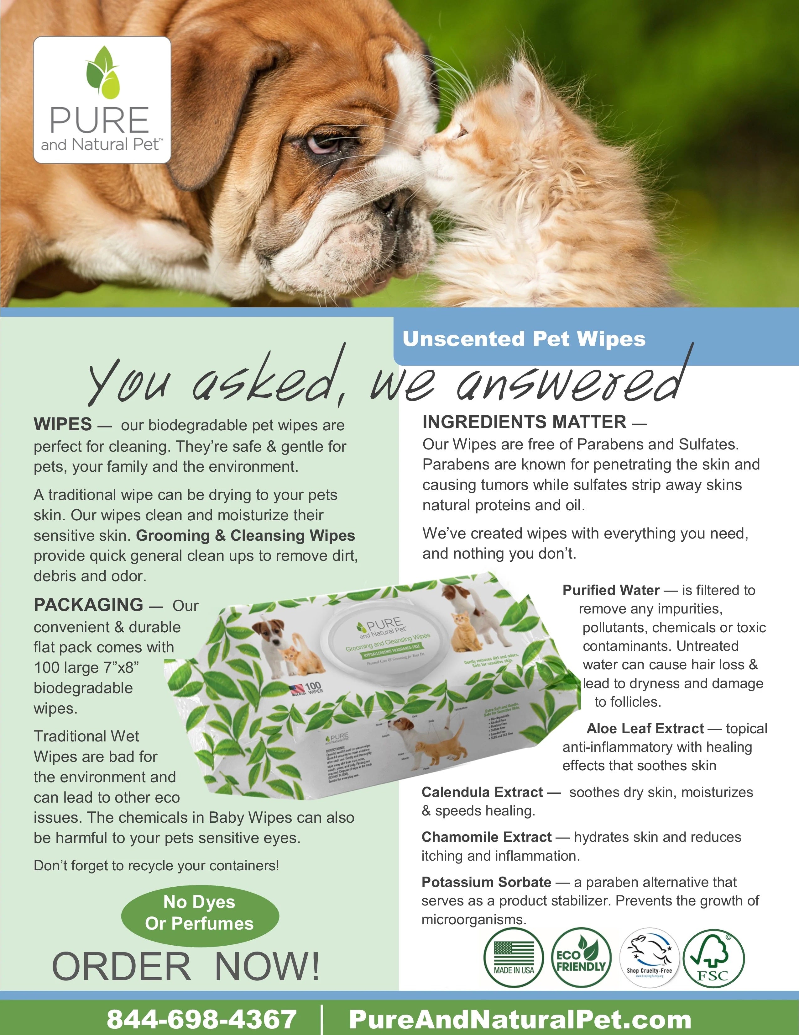 Pure and Natural Pet Grooming and Cleansing Wipes: Fragrance-Free