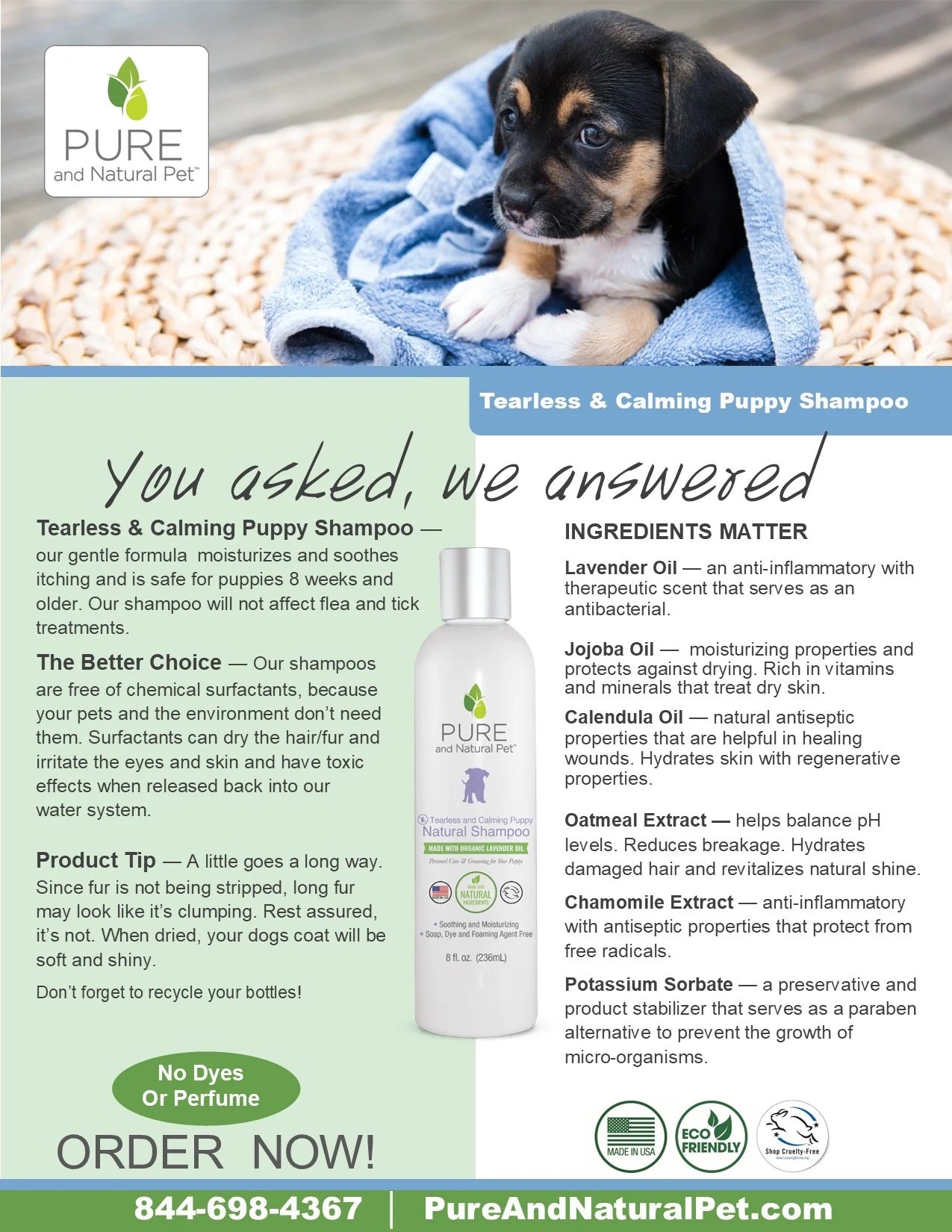 Pure and Natural Puppy Shampoo: Tearless and Calming