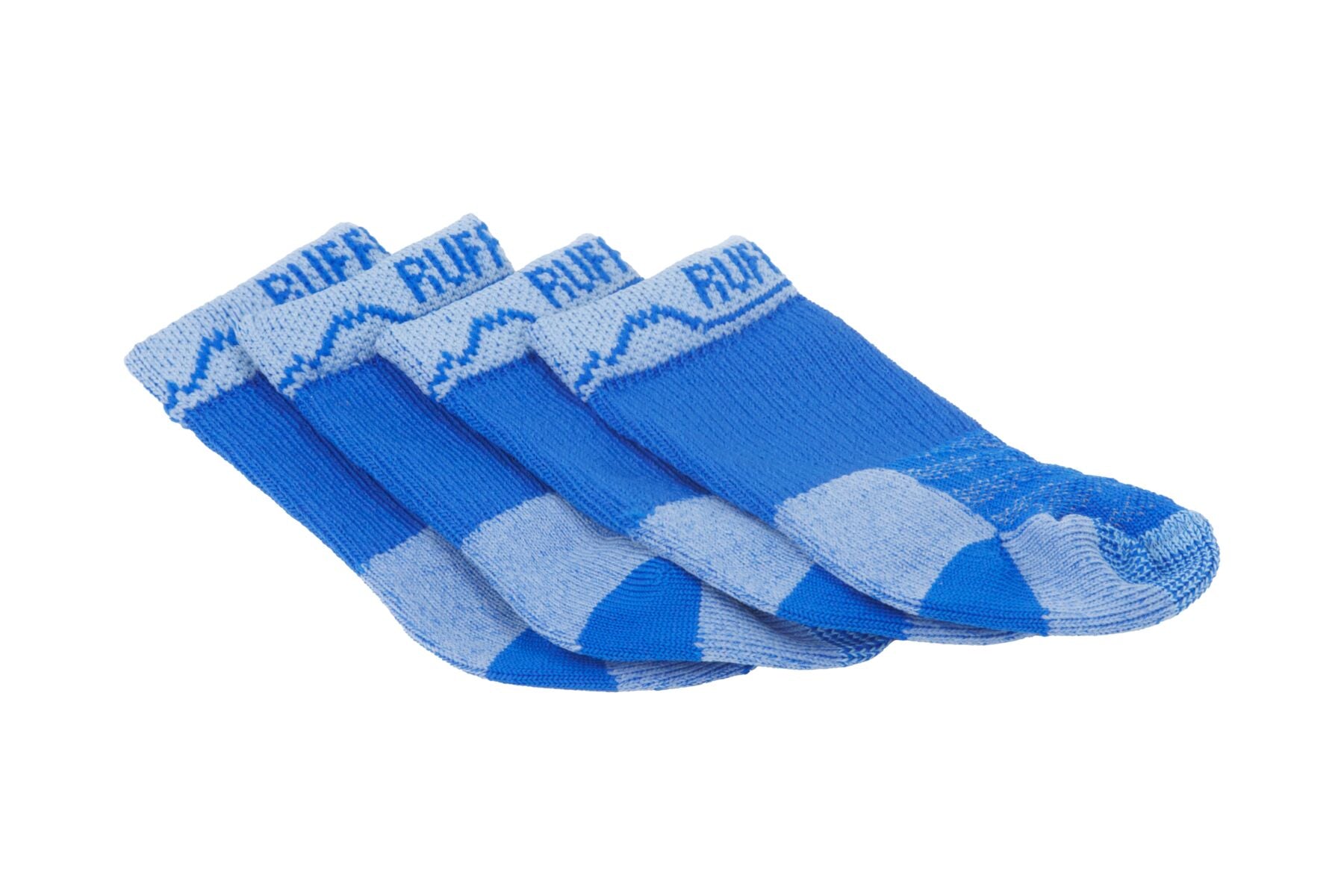 Ruffwear Bark'n Boot Dog Socks in a set of four, showing the engineered knit and contoured shape designed to prevent dog boot chafing.
