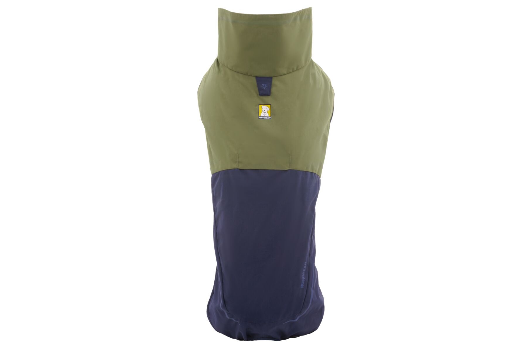 Waterproof Ruffwear Sun Shower dog raincoat with stretch sleeves and a chest zipper for full weatherproof protection