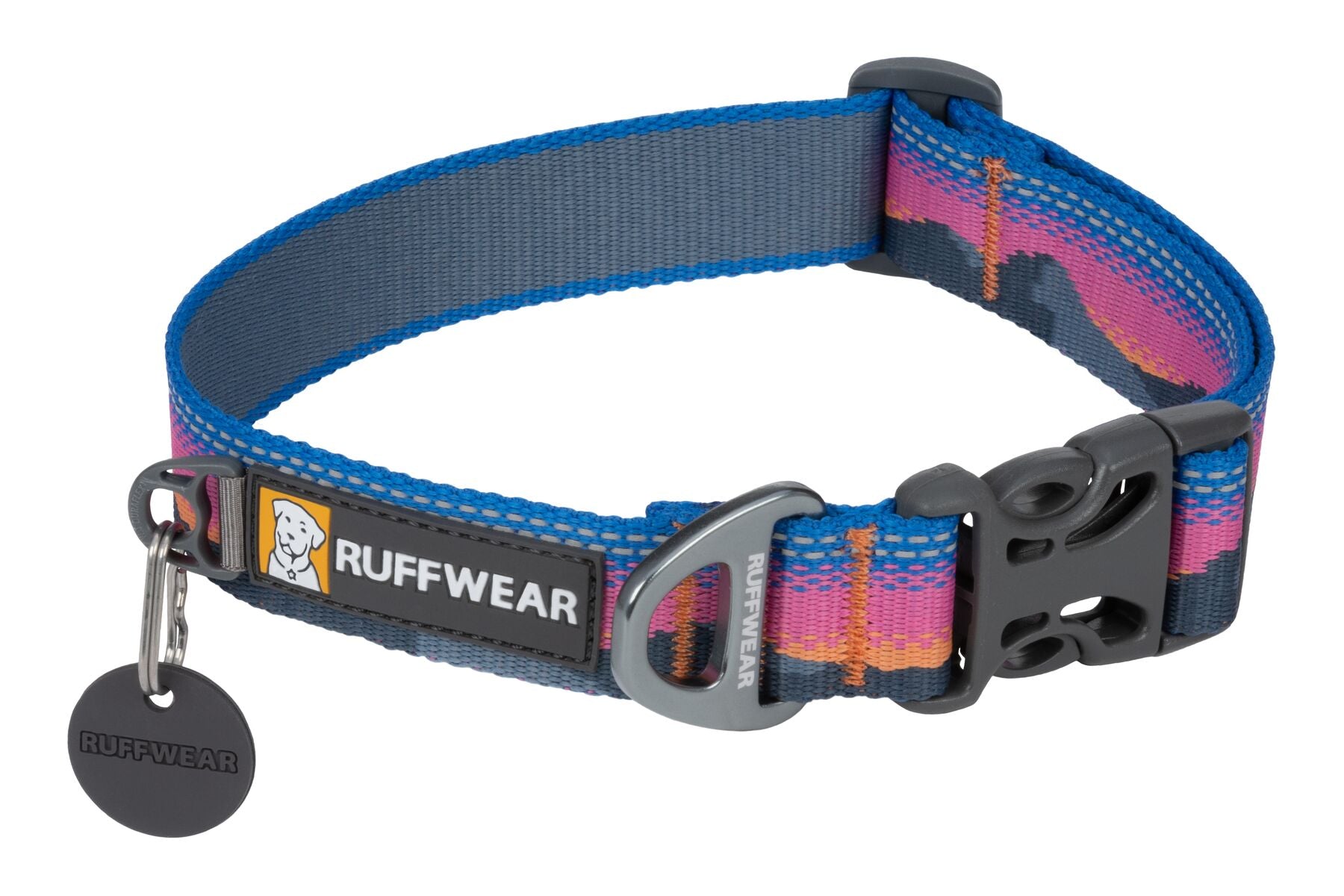 Premium outdoor dog gear: Ruffwear Crag collar displayed with colourfast patterned webbing.