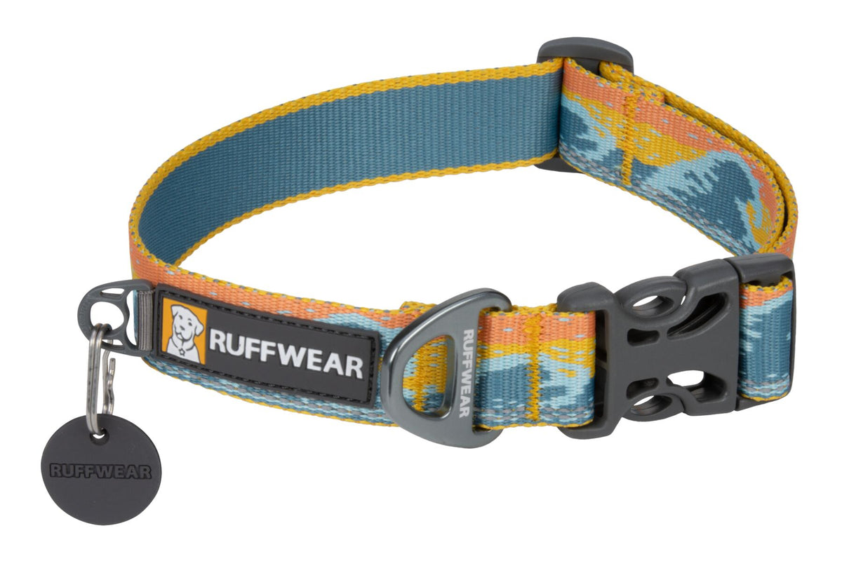 Premium outdoor dog gear: Ruffwear Crag collar displayed with colourfast patterned webbing.
