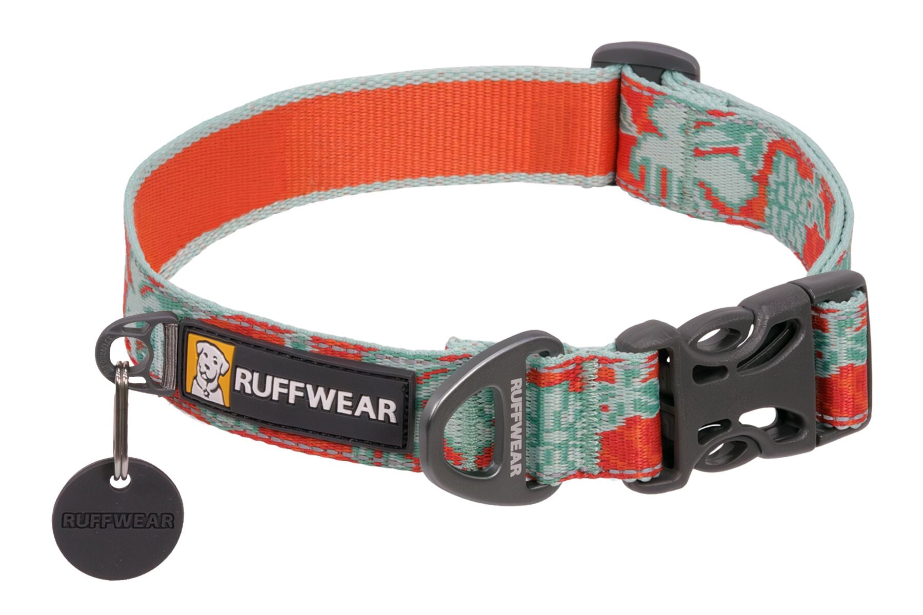 Premium outdoor dog gear: Ruffwear Crag collar displayed with colourfast patterned webbing.
