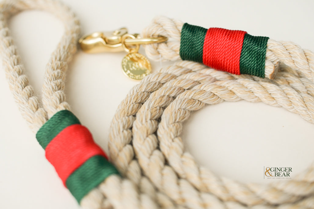 Rugged Hudson Dog Leash: Red Green on Natural rope