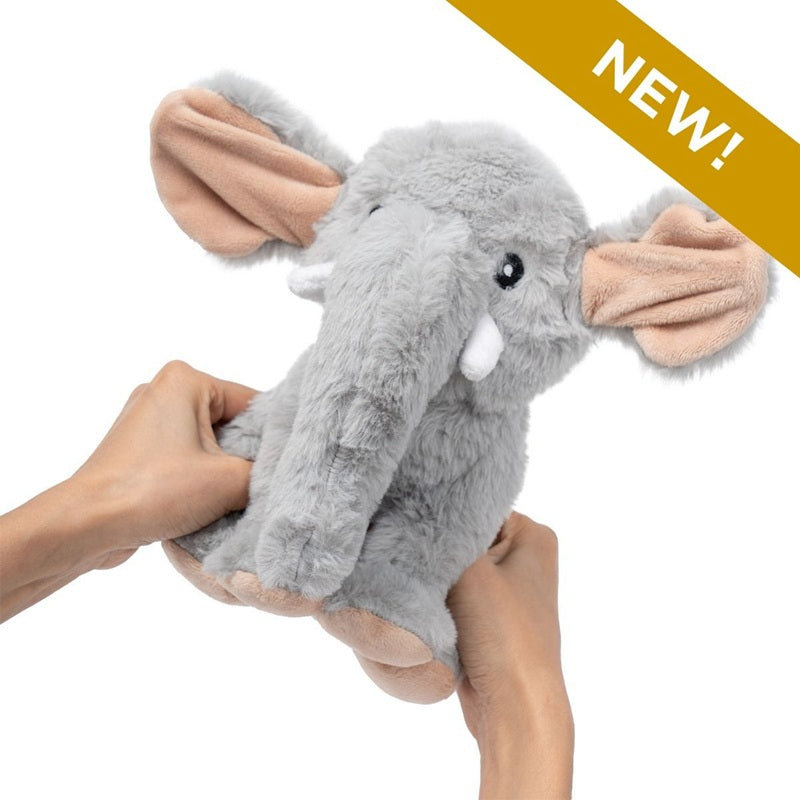 Soft texture close-up of the Tall Tails Animated Elephant dog toy made with 100% recycled plastic stuffing.