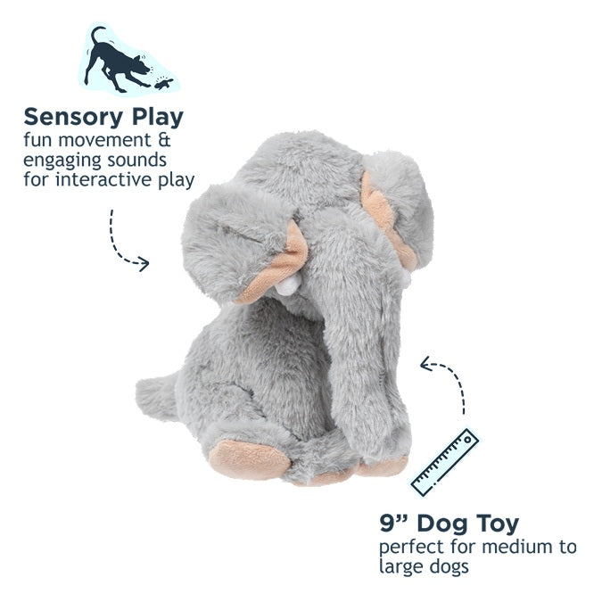 Tall Tails Animated Elephant plush pet toy showing the reinforced mesh fabric and protective squeaker pouch.