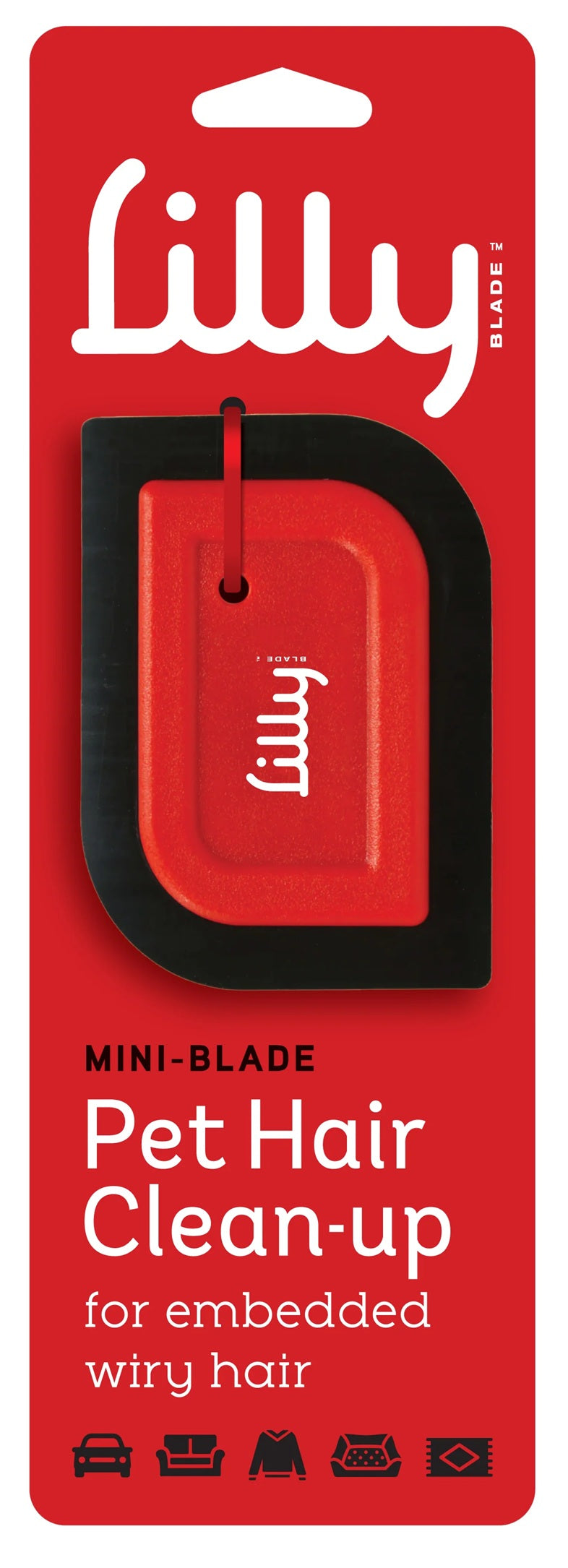 Mini-Blade pet hair detailer tool for removing stubborn fur from fabric surfaces.