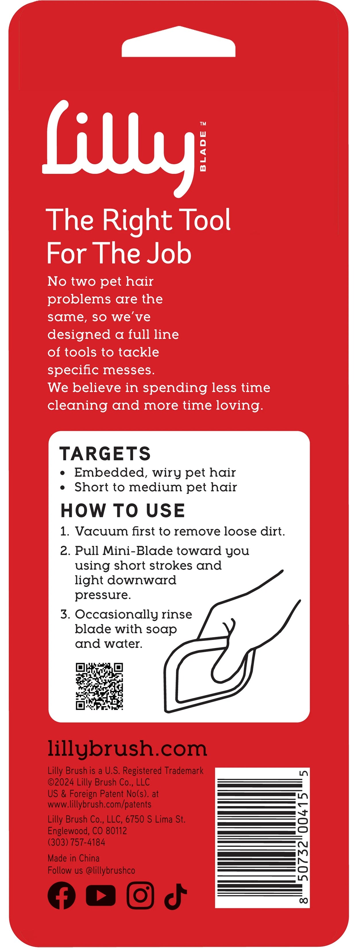 Mini-Blade pet hair detailer tool for removing stubborn fur from fabric surfaces.