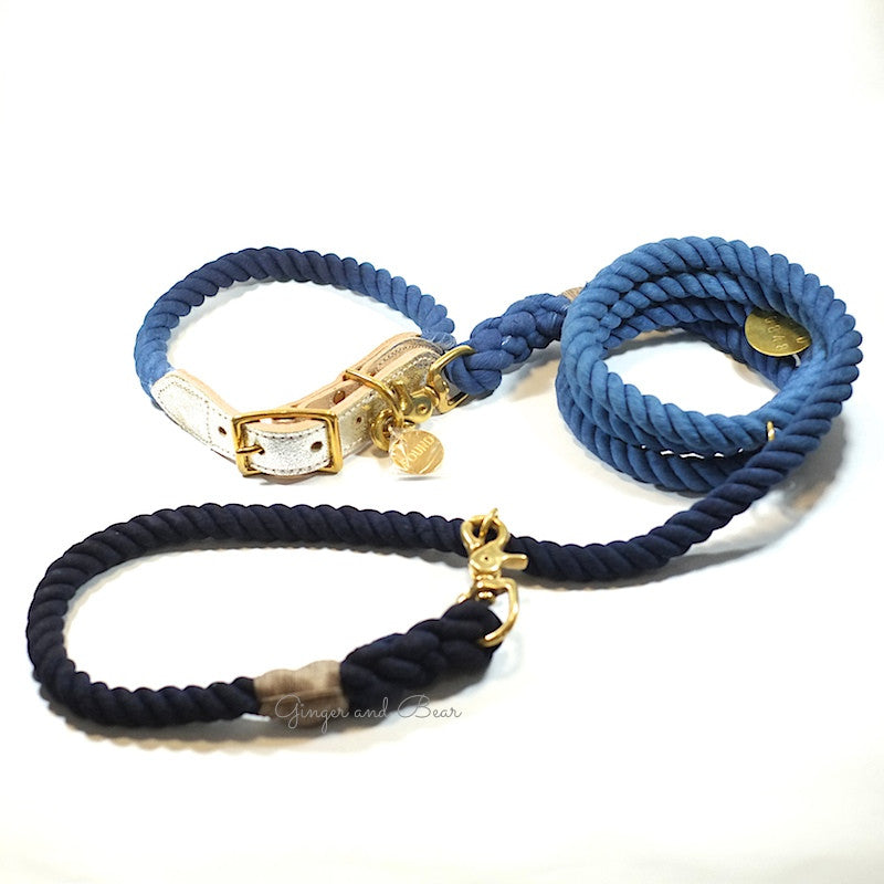 Rope and Leather Collar, Blue Ombre with Metallic Leather