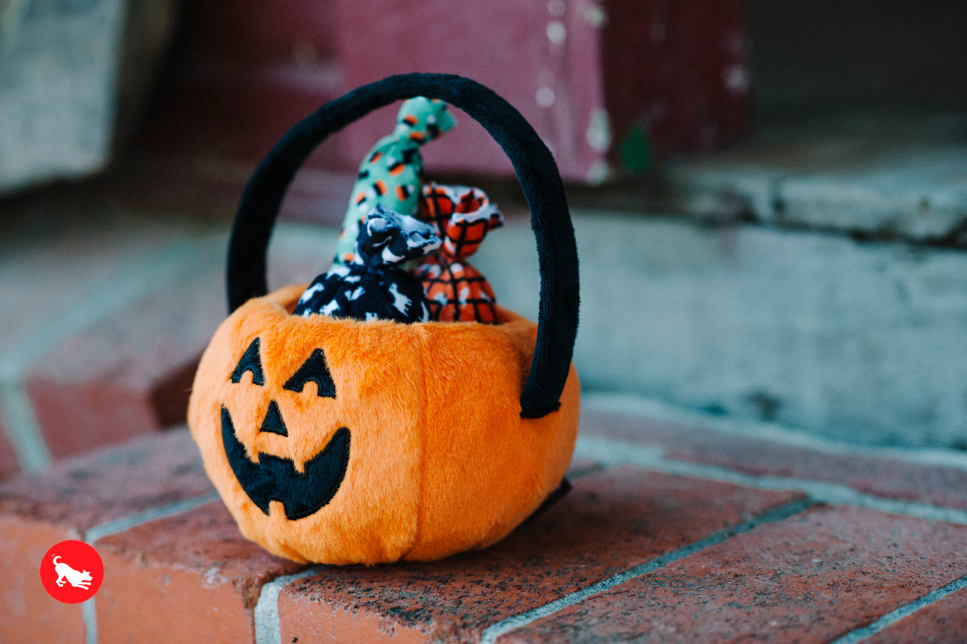 P.L.A.Y. Halloween Pumpkin Basket with Candies Plush Dog Toy