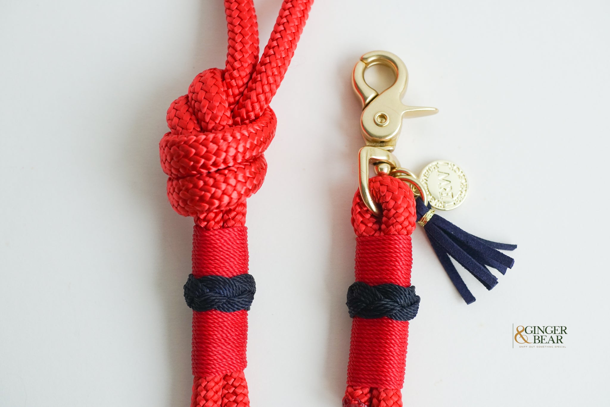 Rugged Hudson Dog Leash: Knotted Navy on Red rope