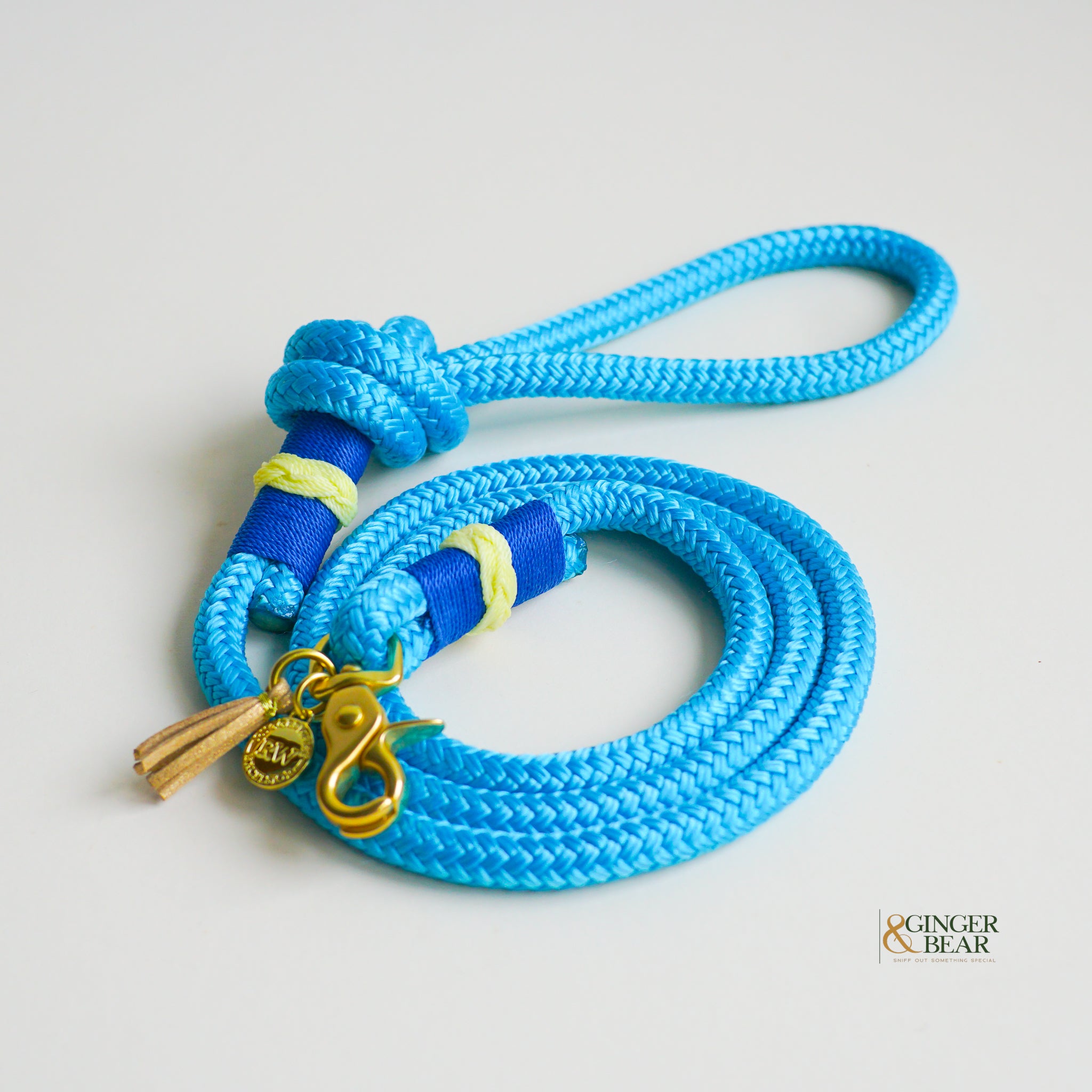 Rugged Hudson Dog Leash: Knotted Yellow on Light Blue rope
